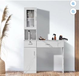 VEVOR Wall Mount Salon Station - White Barber Station with 1 Storage Cabinet, 3 Cubbies, 2 Drawers (1 Lockable), for Hair Stylist and Spa