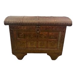 VINTAGE COPPER BRASS PLATED WOOD GYPSY WAGON JEWELRY CHEST - WOOD WHEELS