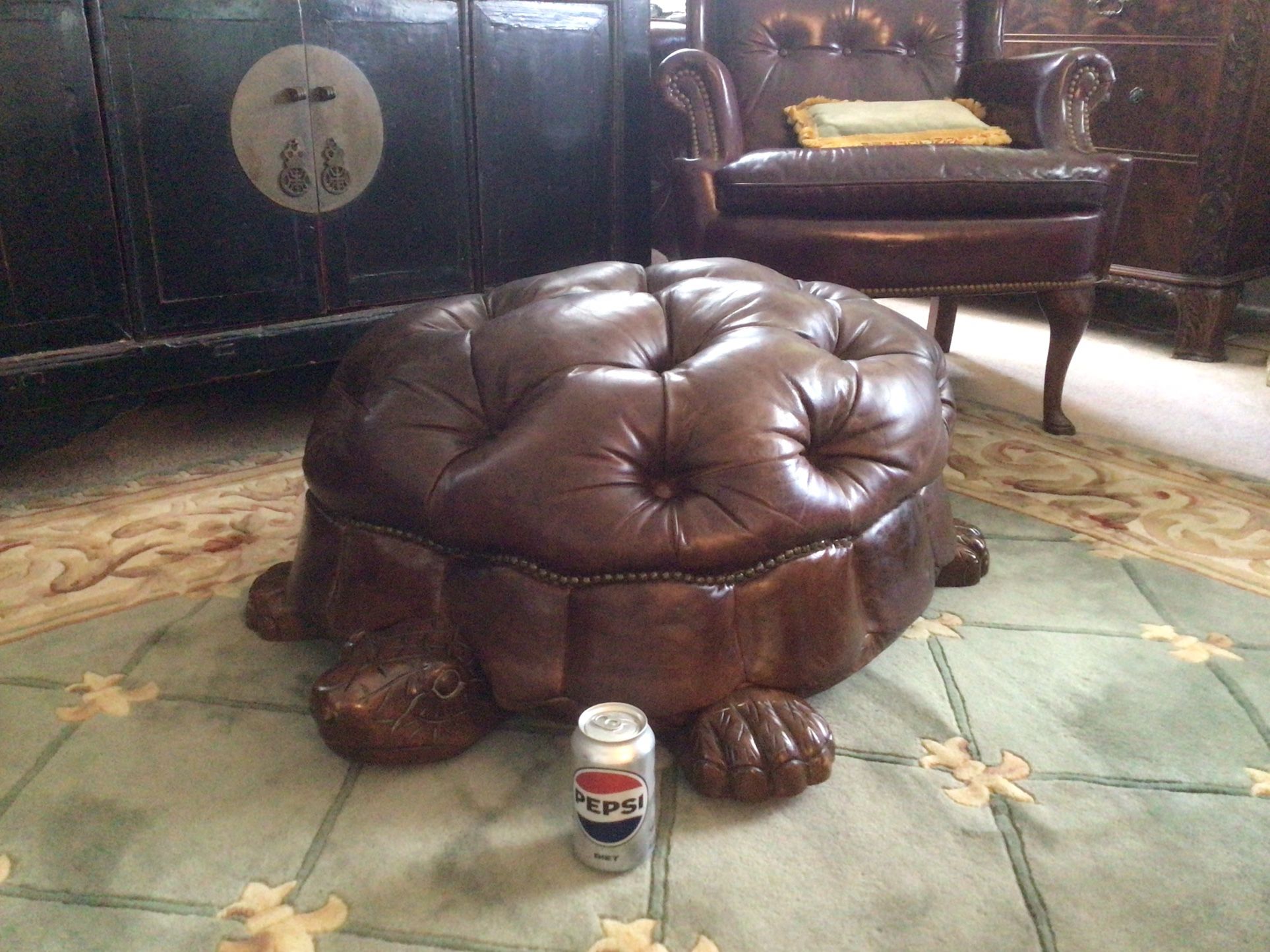 Large Vintage Leather Brown Turtle Ottoman Horchow