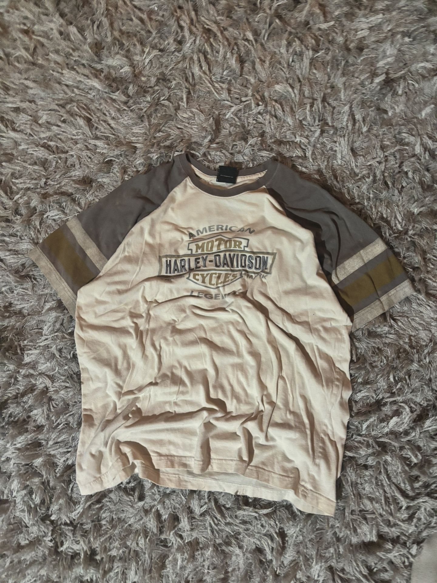 Vintage Harley-Davidson ringer-style T-shirt in cream with brown sleeves and stripe details. Tagged Large