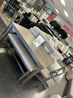 Gray Dining Table with Bench and Chairs