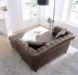 NEW Brown PU Faux Leather 63" Loveseat Chaise Lounge Couch with 2 Pillows, Upholstered PU Leather Loveseat Chaise Sofa 2-Person with Tufted Back