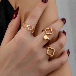 New / 3pcs Alloy Floral Hollow Out Ring Set With Metal Plating For Lasting Color Retention