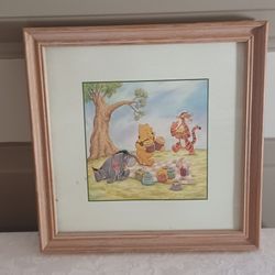 Framed Winnie the Pooh  Art Print Picnic  with Eeyore & Tigger 9.75" Disney