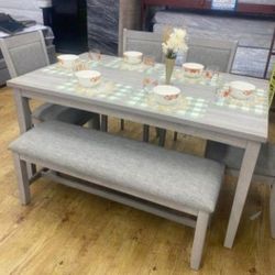 ✅️✅️ 6 pc light finish wood  dining table set padded seat chairs and bench ✅️✅️