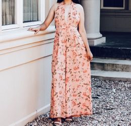 Coral Pink Vine Halter Back Jumpsuit