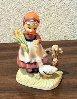 Vintage Bisque Porcelain Girl with Goose - 5 1/2” Tall