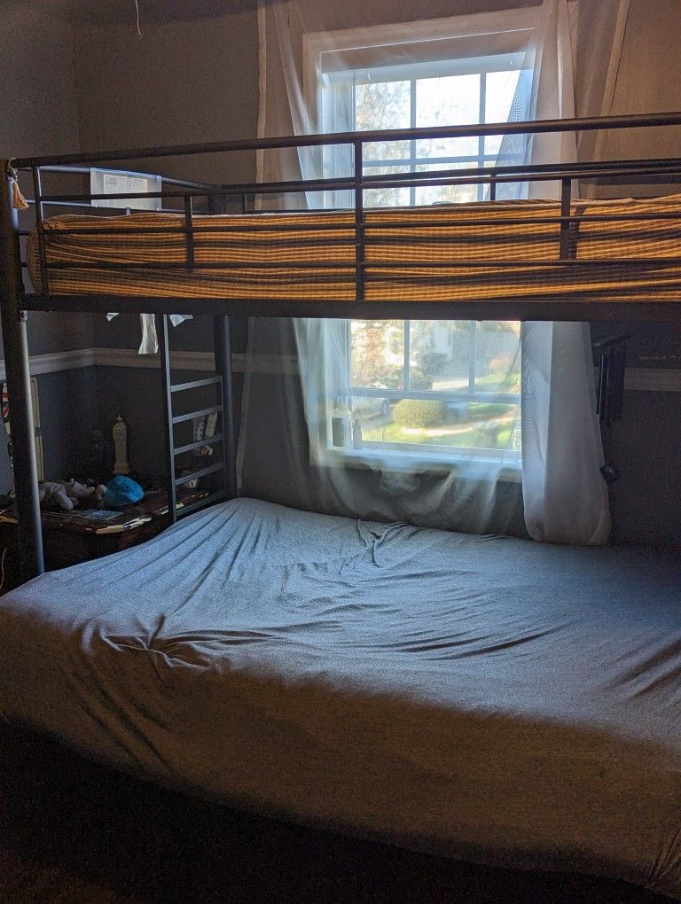Metal Futon Over Twin Bunk Set With Book Shelf and Attached Table