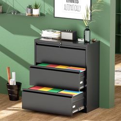 Lateral File Cabinet with Lock,3 Drawer Metal Filing Cabinet for Home Office, Black Steel Lateral File Drawers, Wide Office File Cabinet with Hanging