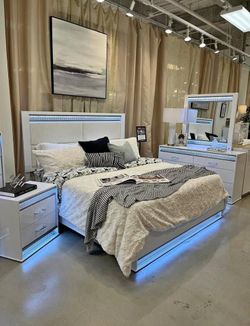 Stylish 5-piece bedroom set features a lacquer finish, LED light, and a soft-touch headboard