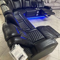 Orion Black Power Reclining Huge Sectional Sofa With Led, Speakers 
