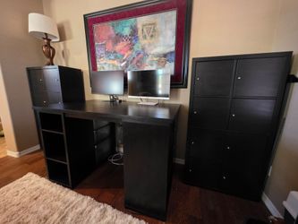Arts and crafts dual sided table 2 cabinets with doors and 2 open cube shelves