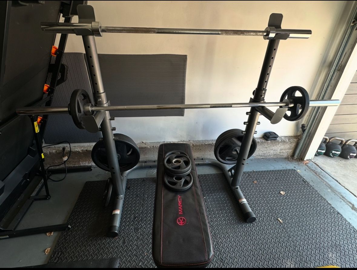 Weight Lifting Bench Rack Set, 16 Weight plates, 5ft Bar, 7ft bar, 1 Flat Bench, 1 Leg Ext Bench