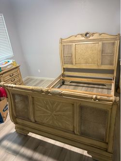 Vintage Queen Size Bed Frame - Solid Wood Cane Headboard & Footboard