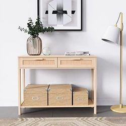 Console Table 2 Drawers Hamilton Rattan Console Table Entry Rustic Sofa for Living Room Entryway Hallway Foyer Modern Wood Decorative