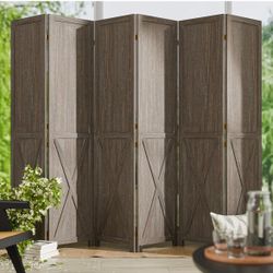 6 Panel Folding Room Divider, Solid Wood Privacy Screen, Freestanding Partition Wall, Temporary Wall for Home/Office/Bedroom/Restaurant, Rustic Brown
