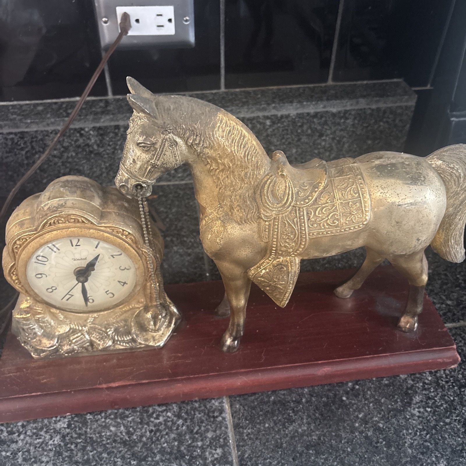 Vintage Brass And Wood Mantle Clock Western Theme Horse 