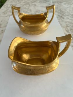 Antique Gold Rose & Daisy Sugar & Creamer by Picard
