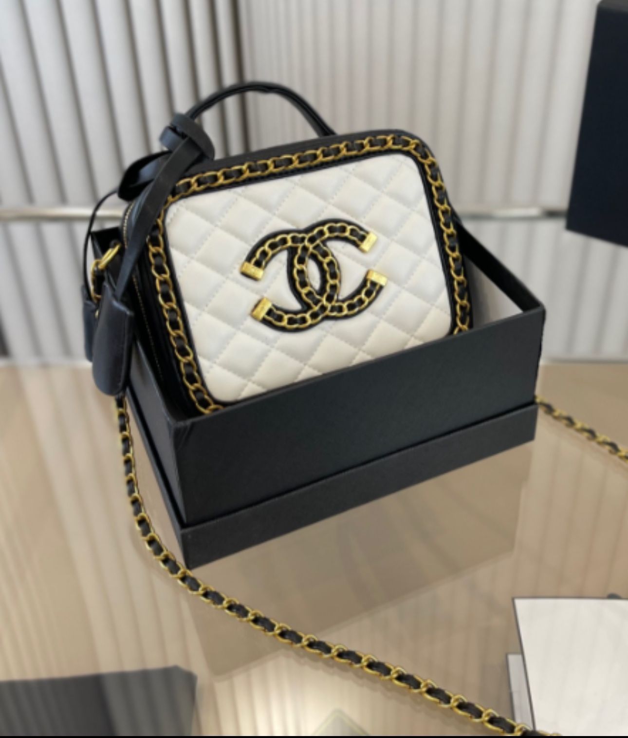 Chanel Lambskin Quilted Small CC Filigree Vanity Case Black and White