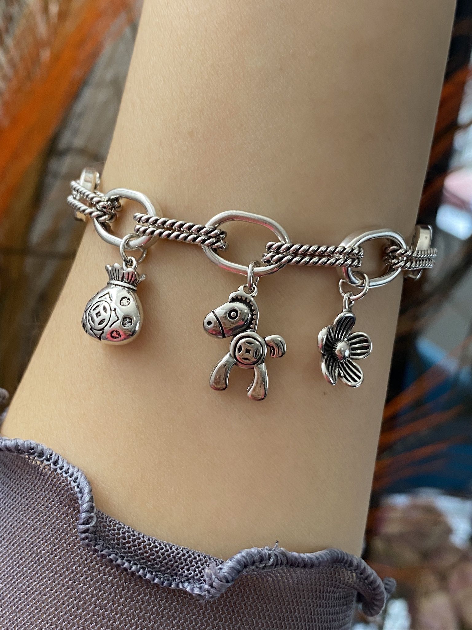 S925 silver Money Bag Horse Flower Charm bracelet