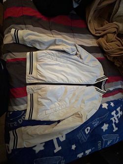 White Bomber Jacket with Black Stripe Trim