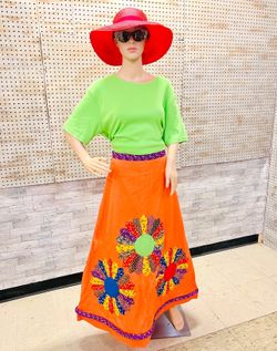 Vintage 1970s Handmade Dresden Patchwork Maxi Skirt Orange Cotton The Briar Patch Chattanooga