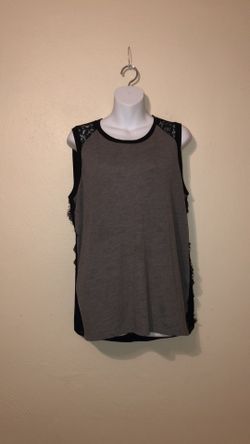 Size XL Anna grey, black lace, and navy sheer sleeveless shirt