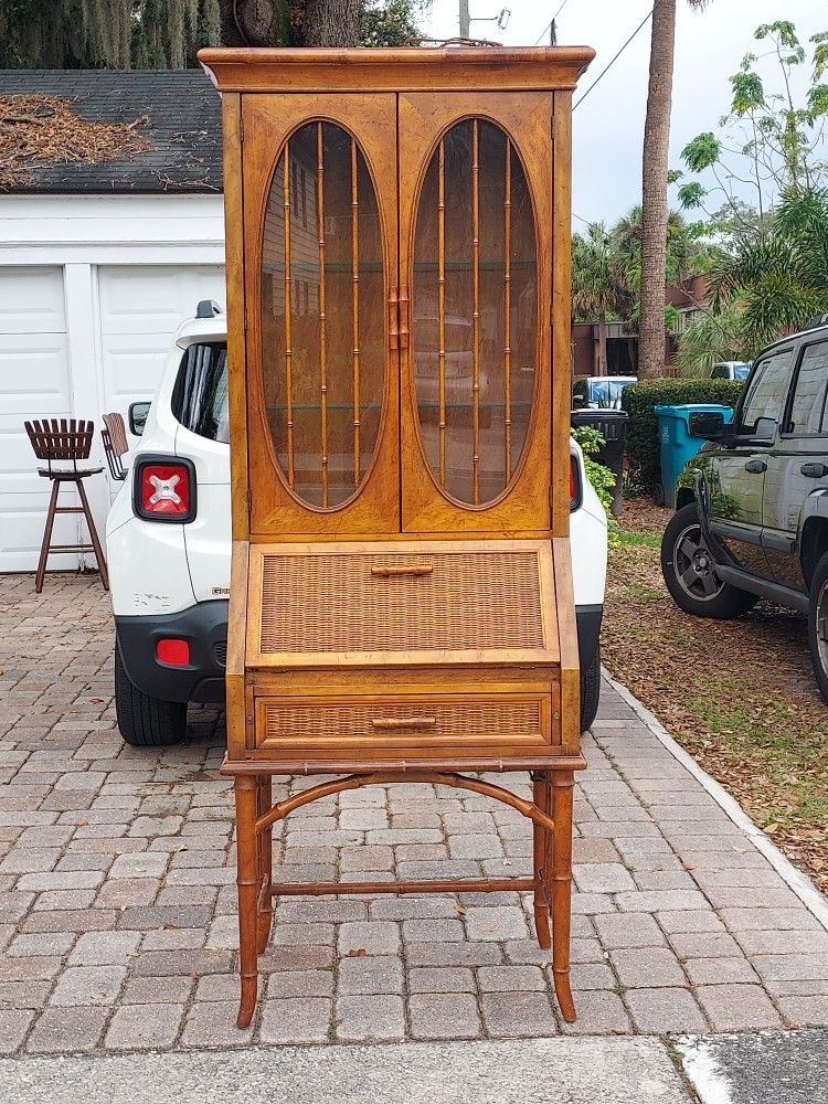Vintage Mid Century 1970s American Martinsville Bamboo & Wicker Secretary Desk & Cabinet-See ALL photos/details, Can Provide More Photos