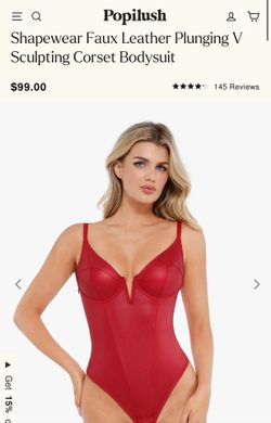 SMALL POPILUSH Shapewear Faux Leather Plunging V Sculpting Corset Bodysuit