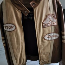 Marcia Collection Italy Vintage Size XL Beige Racing Leather Jacket