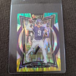 Select NFL 2024 JJ McCarthy RC Green Yellow Shock Vikings concourse SP Rookie 