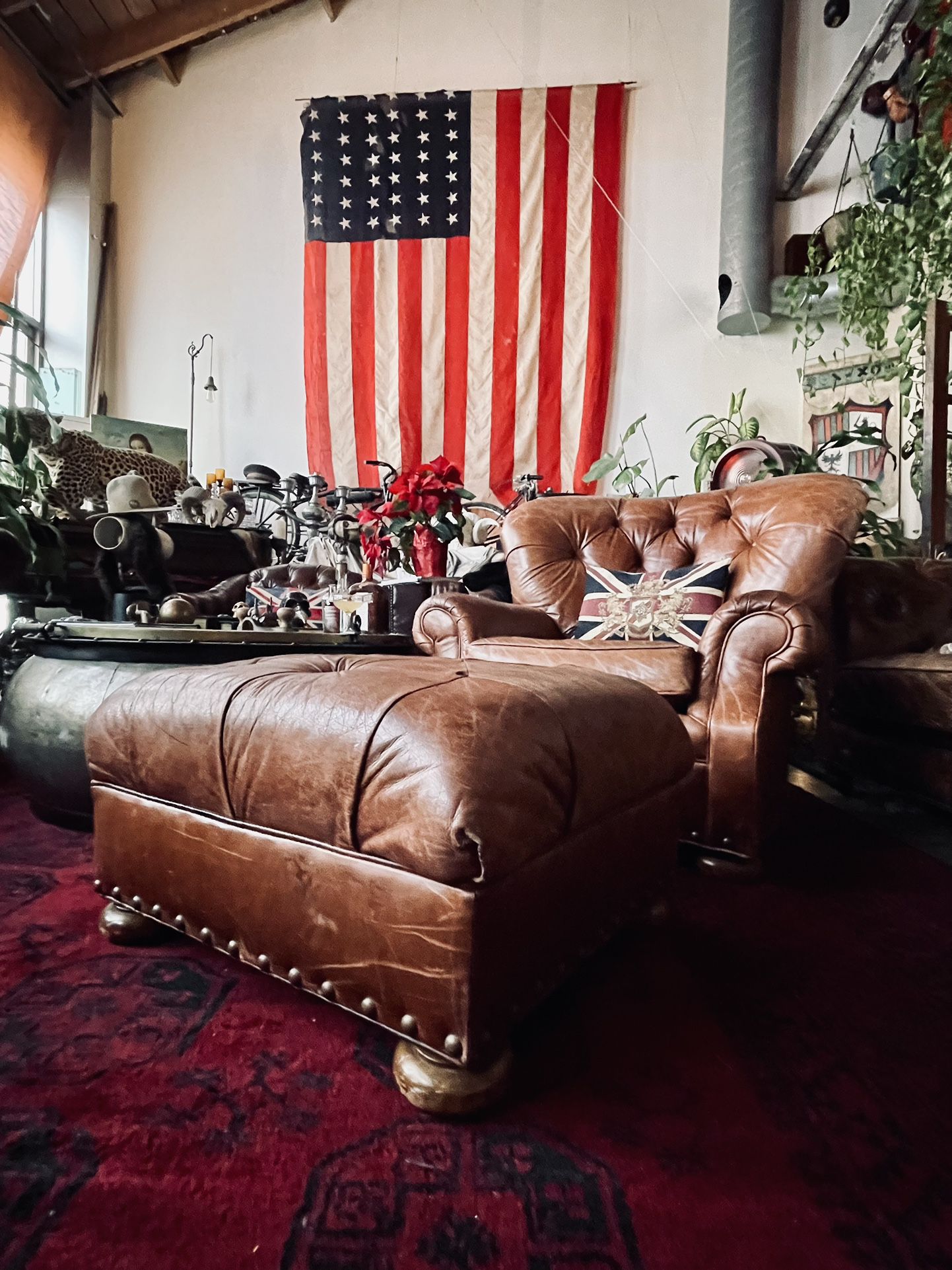 2 Restoration Hardware Vintage Cigar Brown Churchill Lounge club chairs set W/ matching Ottomans!