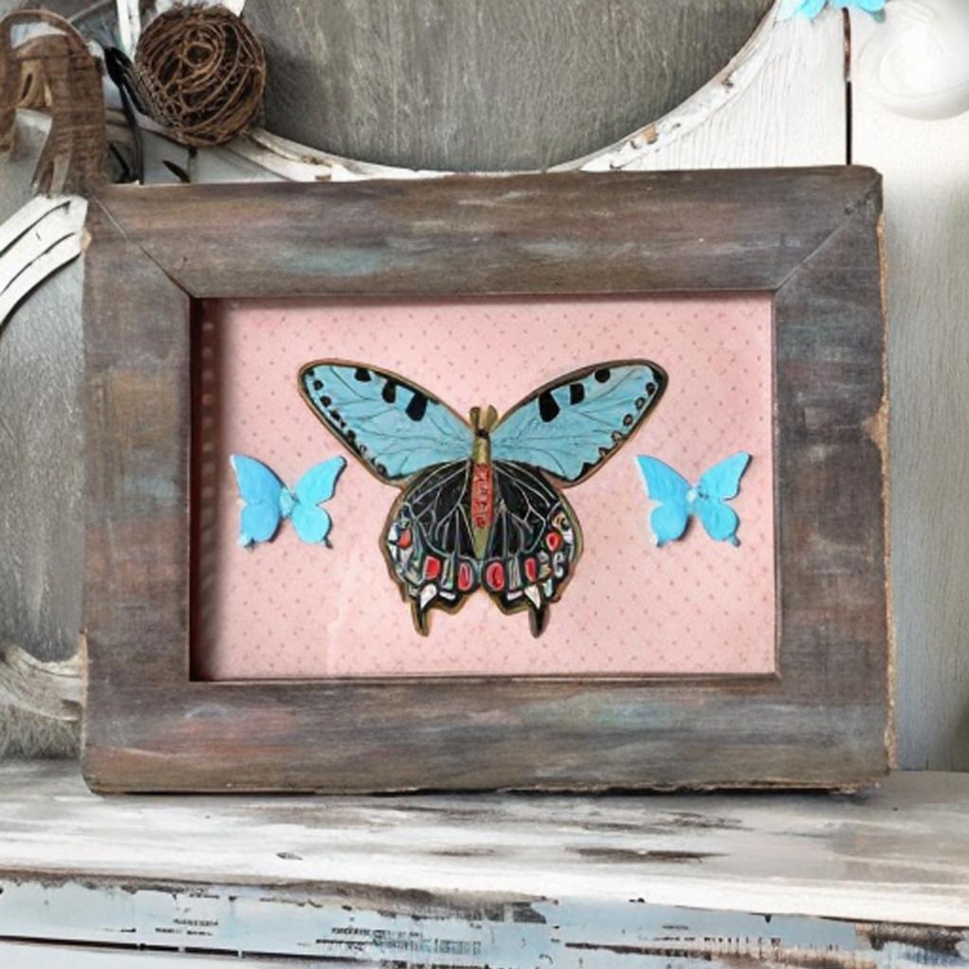 New Handmade Framed Paper Butterfly Set in Hand-Painted Vintage Frame