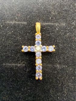14k Yellow Gold Tanzanite & Diamond Cross Pendant Signed 14k Estate 2.2g Charm