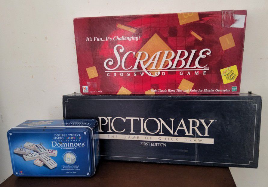 Assorted Games Each $5.  Scrabble Board Game, Pictionary & My Favorite DOMINOES