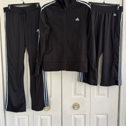 ADIDAS: TRACK SUIT Set, Black/Baby Blue, Jacket-Lrg, Pants-Med, Capri-Med, VINTAGE, Excellent