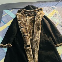 Y2K Gallery Black Faux Suede Faux Fur Lined Hooded Long Coat Women’s L
