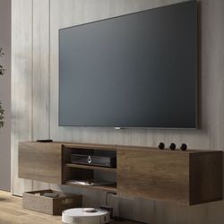 Modern Floating Minimalist Wall-Mounted Media Console with Storage, Walnut Brown Wood Finish