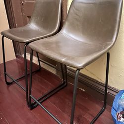 Vintage Black Matal Sled Frame with Brown Leatherette Seat Bar Stools (Set of 2)