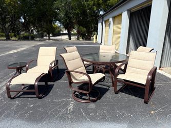 Nice High End Robb & Stucky Outdoor Living Dining Set w/Reclining Lounge Chair/Footrest & End Table