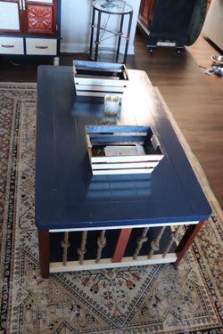 Sedona Shabby Chic Rolling Large Living Room 4’ X 2’ Coffee Table Blue Cream and Rust Orange On Wheels