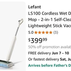 Lefant LS100 Cordless Wet Dry Vacuum Mop - 2-in-1 Self-Cleaning, Lightweight Stick Vacuum with 60 Min Runtime,Powerful Suction for Carpet,Tile,Pet Hai