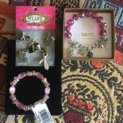 Jewelry - Fun accessories to chose from / My LIFE Charms $15 , Soft pink + crystals fashion bracelets $ 10 / Mix It charm bracelet in box $20