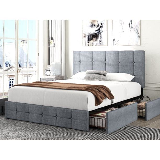 Queen Size Platform Bed Frame with Headboard and 4 Storage Drawers, Button Tufted Style, Light Grey, Mattress Not Included