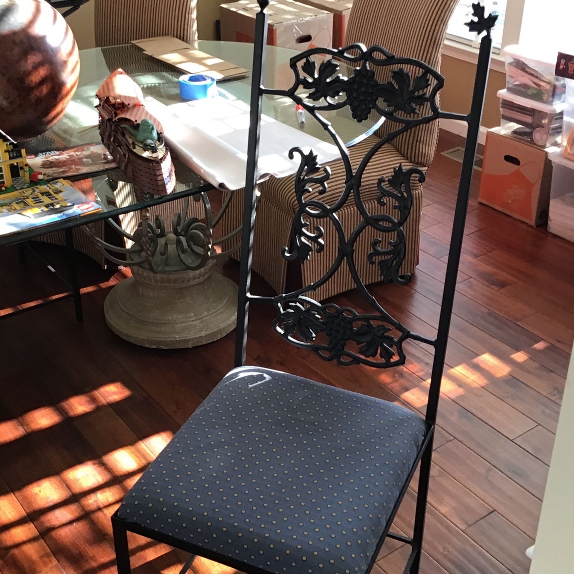 Wrought Iron Chairs (4) with Blue Patterned Upholstery.