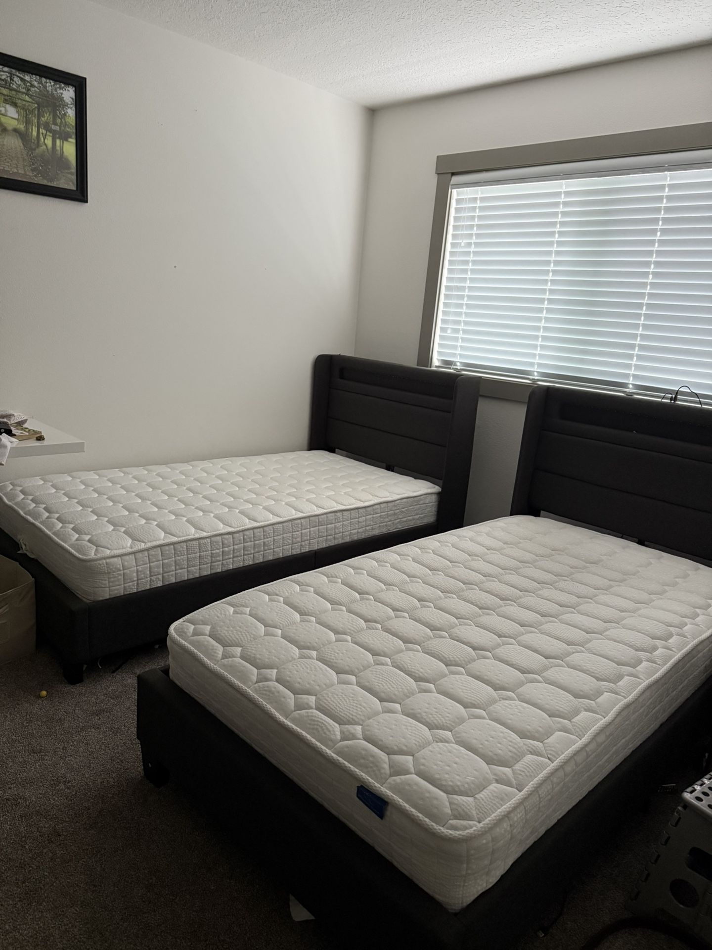 Two beds with twin size mattresses.