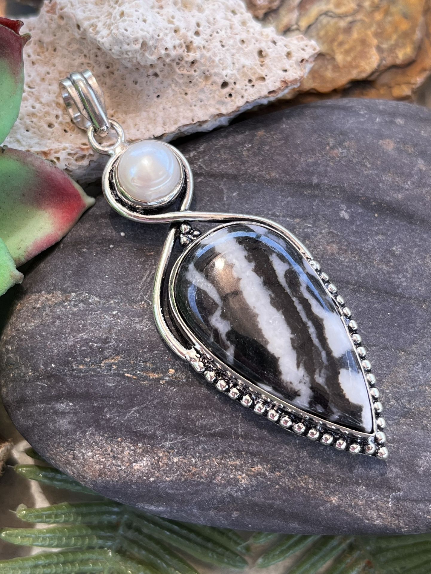Natural White Buffalo Turquoise & Pearl Gemstone Sterling Silver 2.8” Pendant
