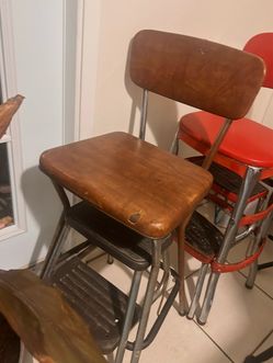 Vintage Cosco Kitchen Metal Pullout Step Stool Chair Retro MCM Brown
