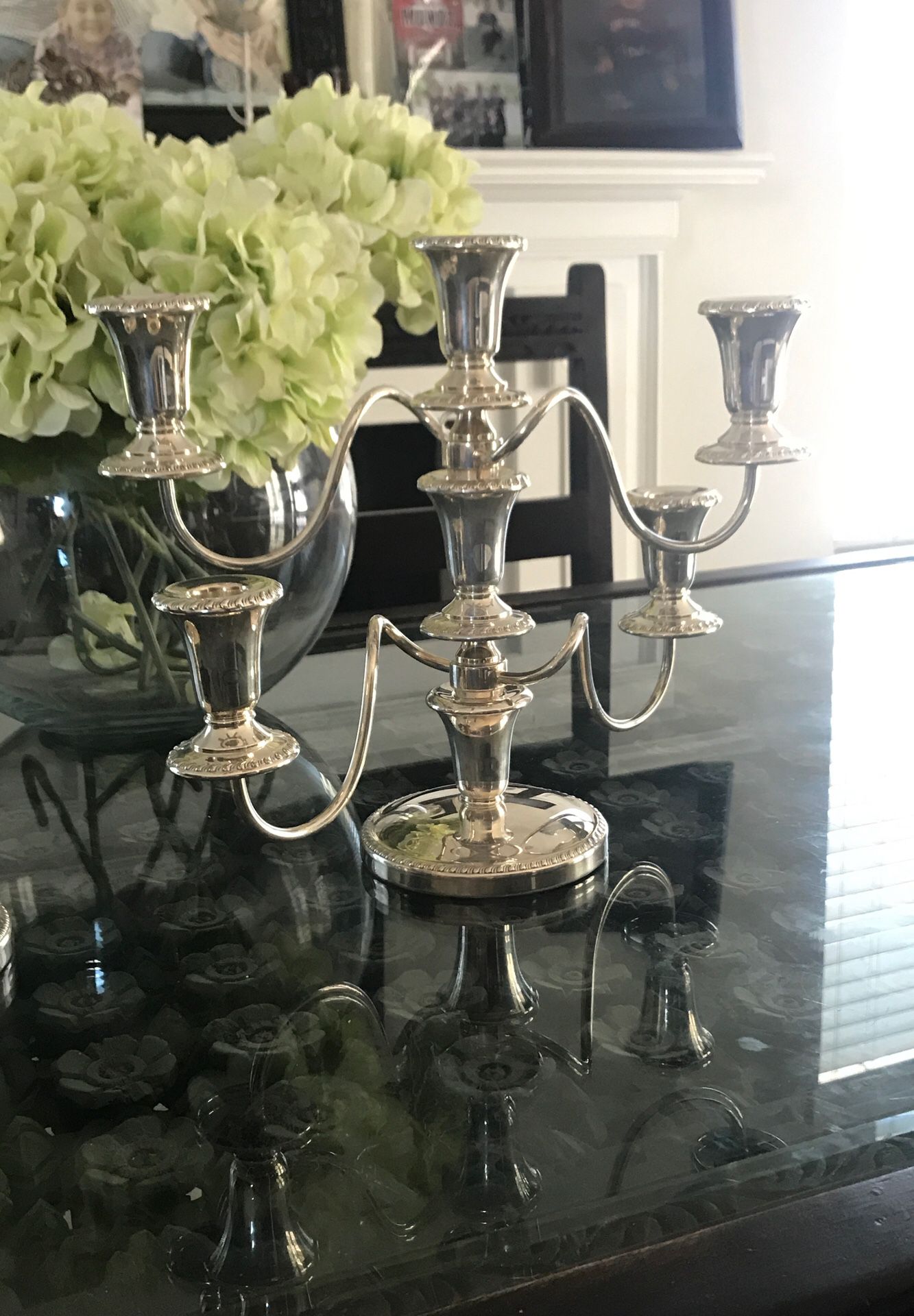 Adjustable Sheffield silver plated 3 candelabra. Made in USA