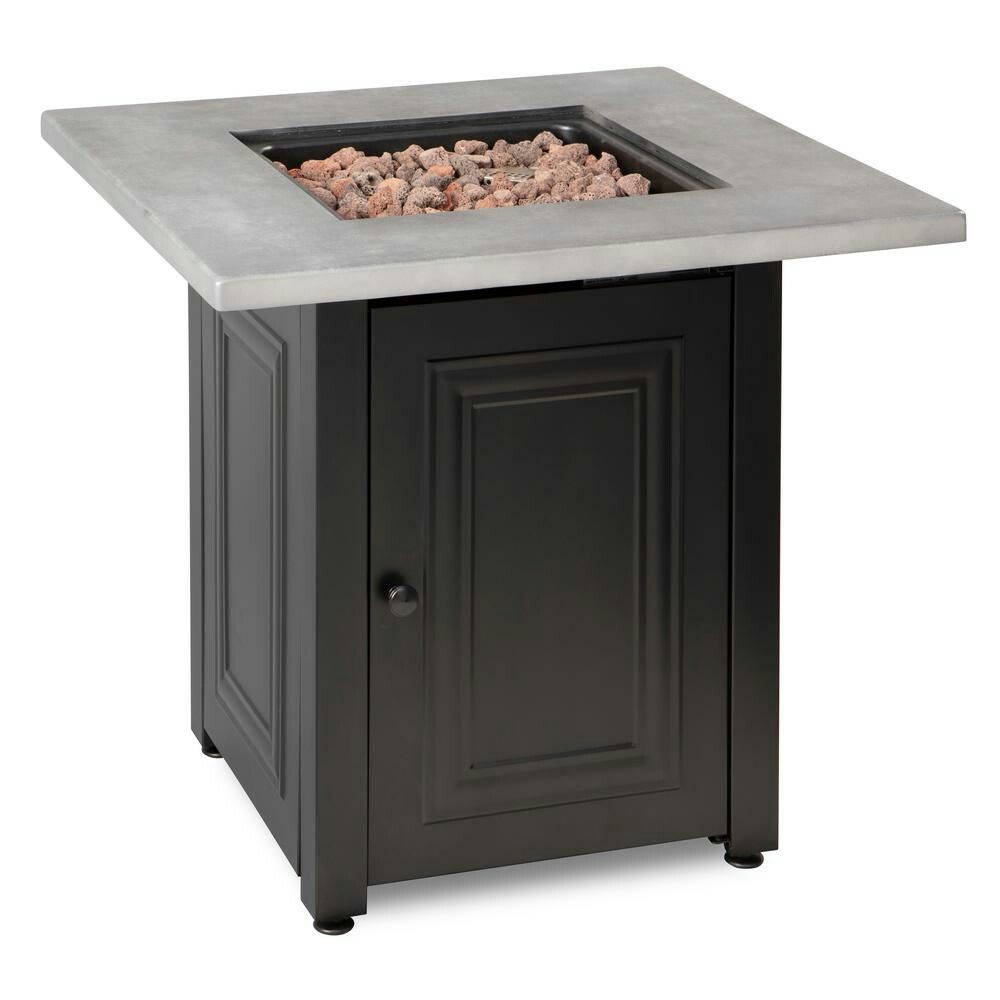 FIRE ISLAND The Wakefield 28 in. x 24.8 in. Square Steel Base Resin Mantel LP Gas Fire Pit Table in Concrete Grey and Black
